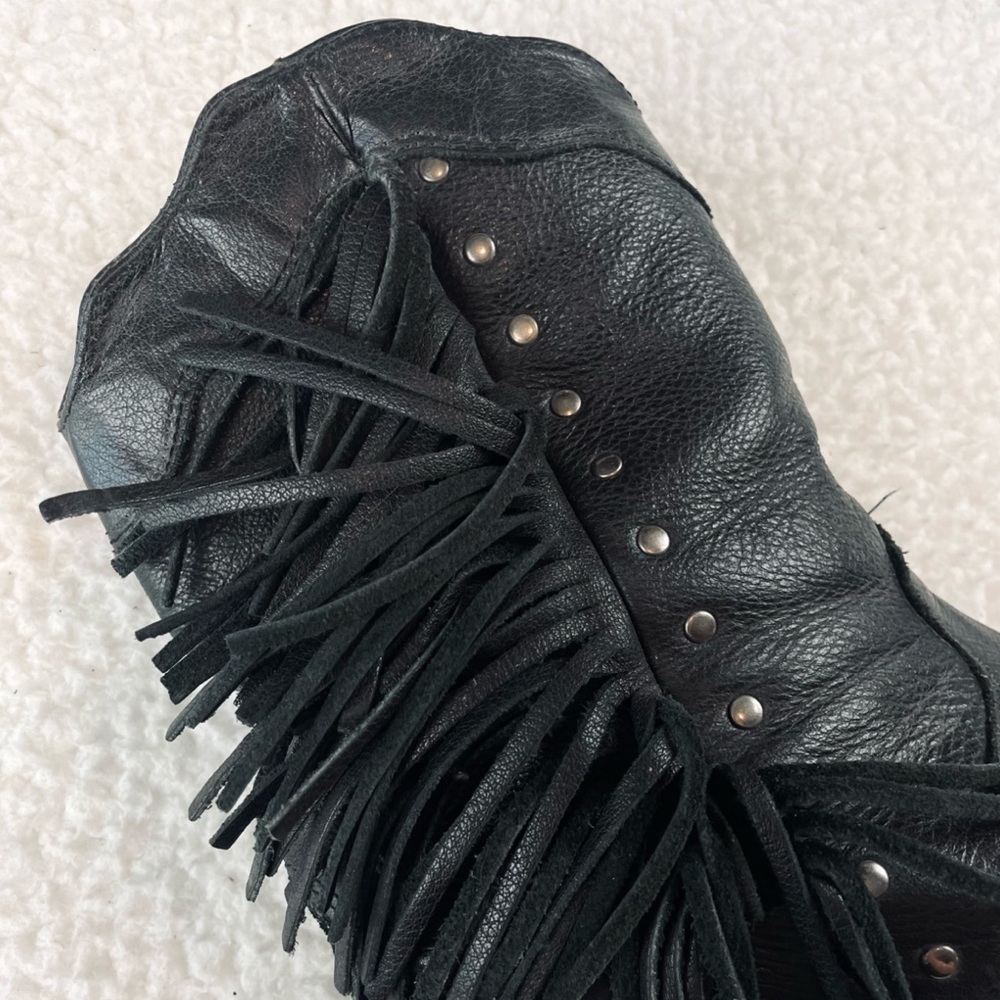 (VTG) ZODIAC • Black Genuine Leather Studded Fringe Western Cowboy Boots, 5.5 - Picture 10 of 16